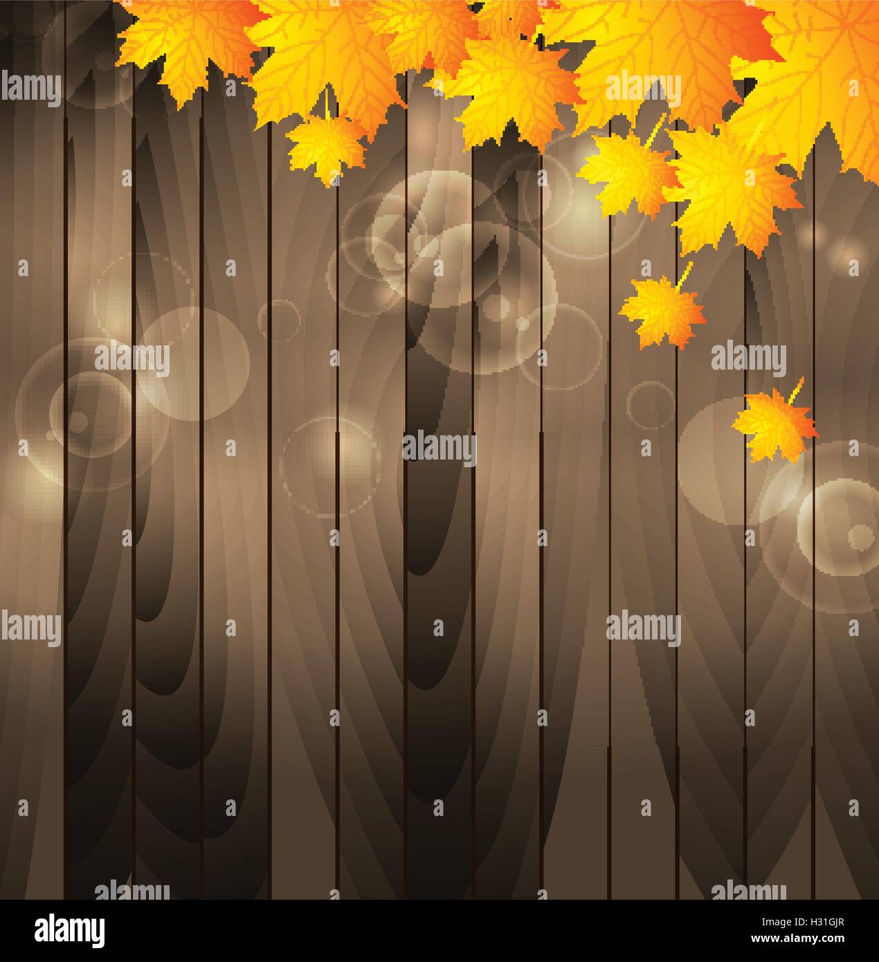 Autumn maple leaves on wooden background. Vector design Stock Vector