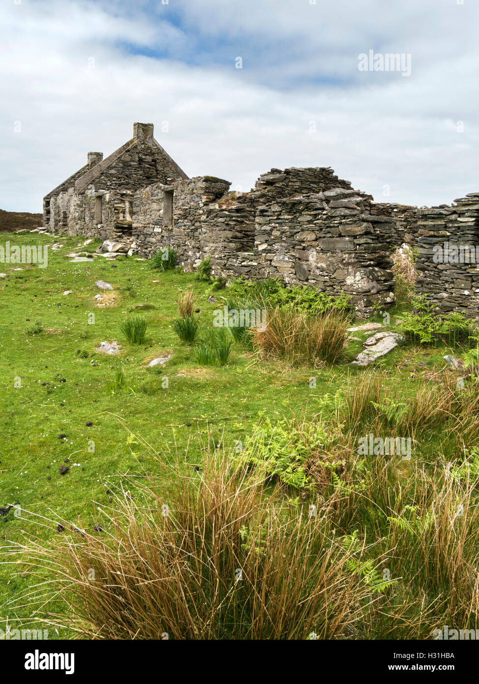 Row of ruined houses in abandoned settlement of Riasg Buidhe, Isle of