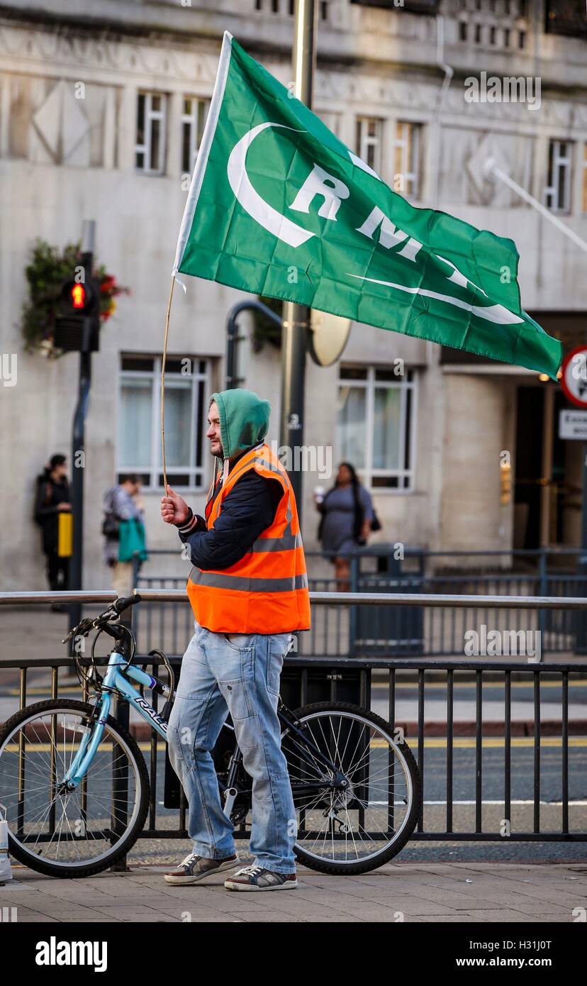 Members of the RMT union picket at Leeds Station as they stage a 24-hour strike today in a long-running dispute over jobs. Stock Photo