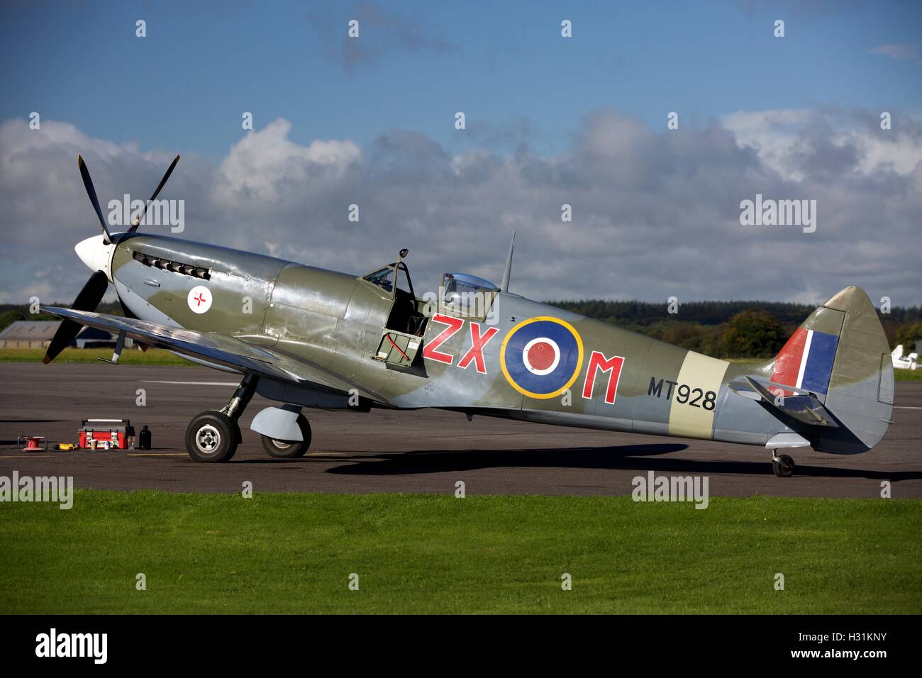 Spitfire at Dunkeswell airfield in Devon which appears in flying scenes  in the 2017 film Dunkirk, a British epic war film Stock Photo
