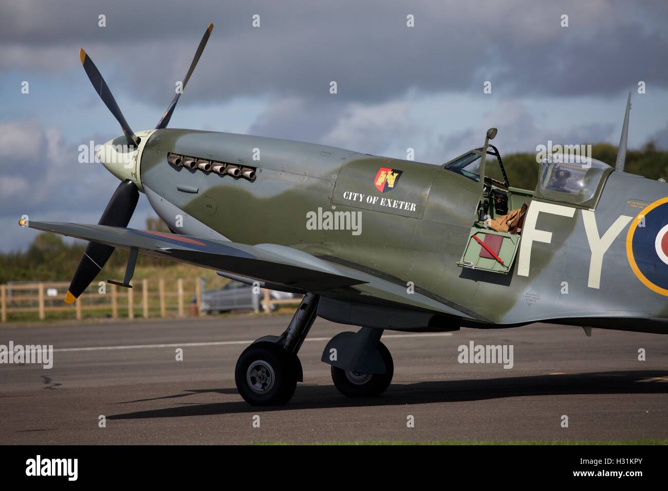 Spitfire at Dunkeswell airfield in Devon which appears in flying scenes  in the 2017 film Dunkirk, a British epic war film Stock Photo