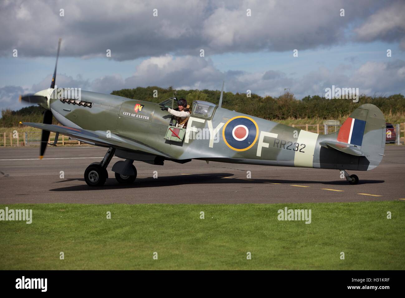 Spitfire at Dunkeswell airfield in Devon which appears in flying scenes  in the 2017 film Dunkirk, a British epic war film Stock Photo