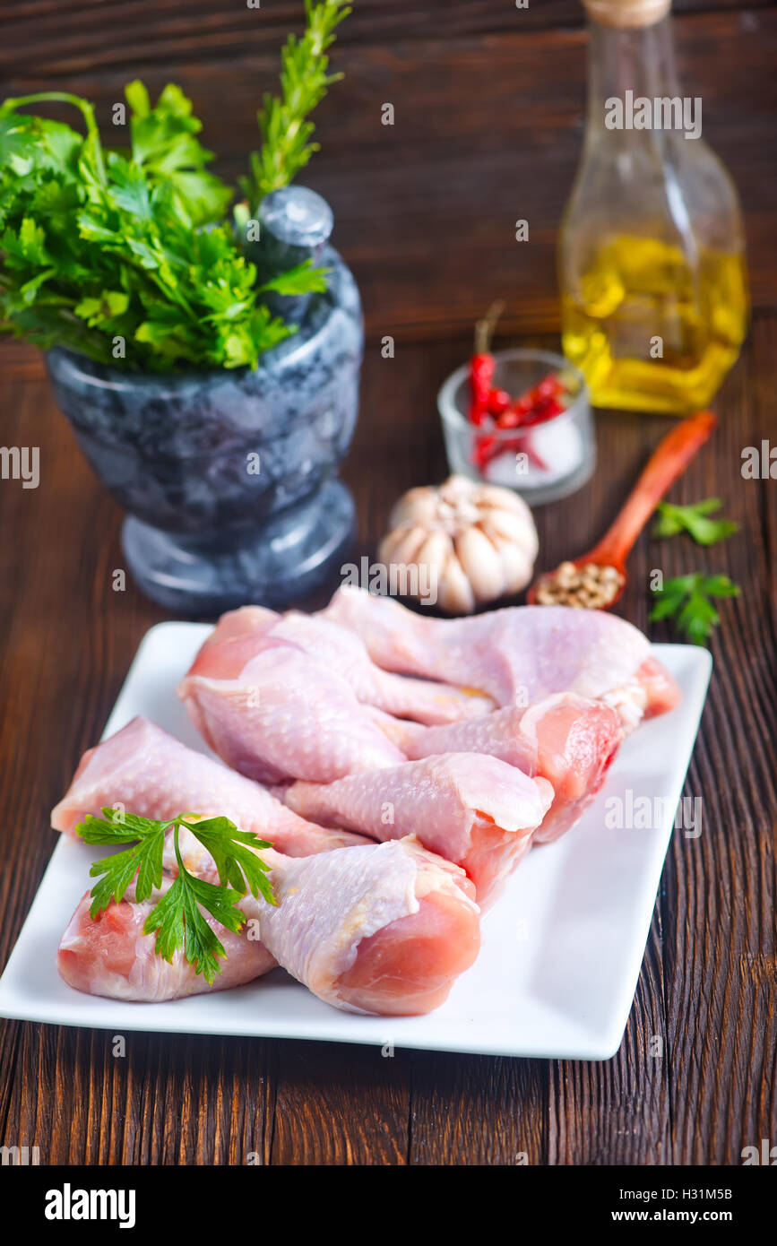 chicken legs on plate and on a table+ Stock Photo - Alamy