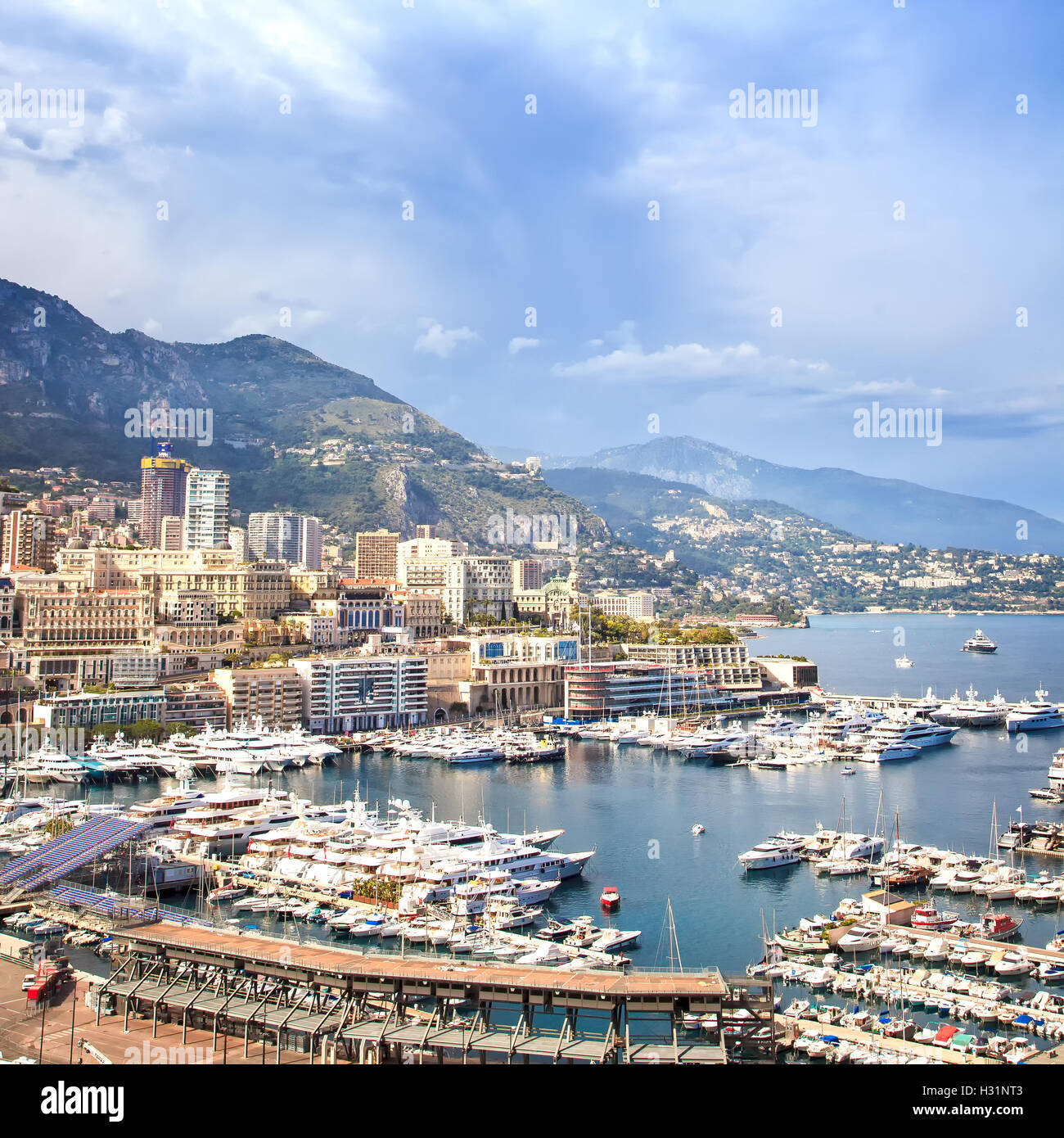 Monaco Montecarlo cityscape, principality aerial harbor view. Skyscrapers, mountains and marina. Azure coast. France, Europe. Stock Photo