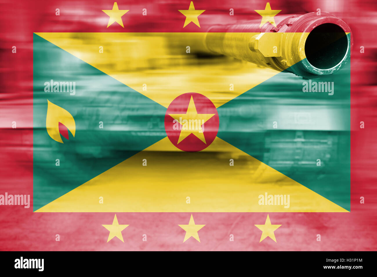 military strength theme, motion blur tank with Grenada  flag Stock Photo