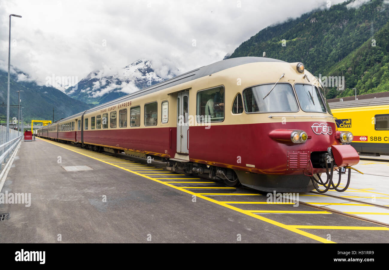 Trans Europ Express SBB RAe TEE II 1053, a vintage train built in 1961 and operated by the Swiss Federal Railways SBB-CFF-FFS. Stock Photo