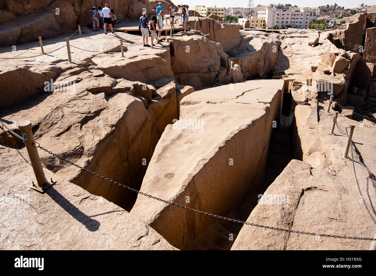 Egypt. Aswan stands on the east bank of the Nile. The unfinished obelisk is the largest known ancient obelisk. Stock Photo