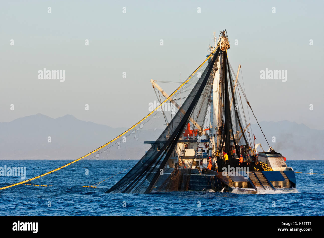 commercial tuna fishing boat pulling in its net off the coast of
