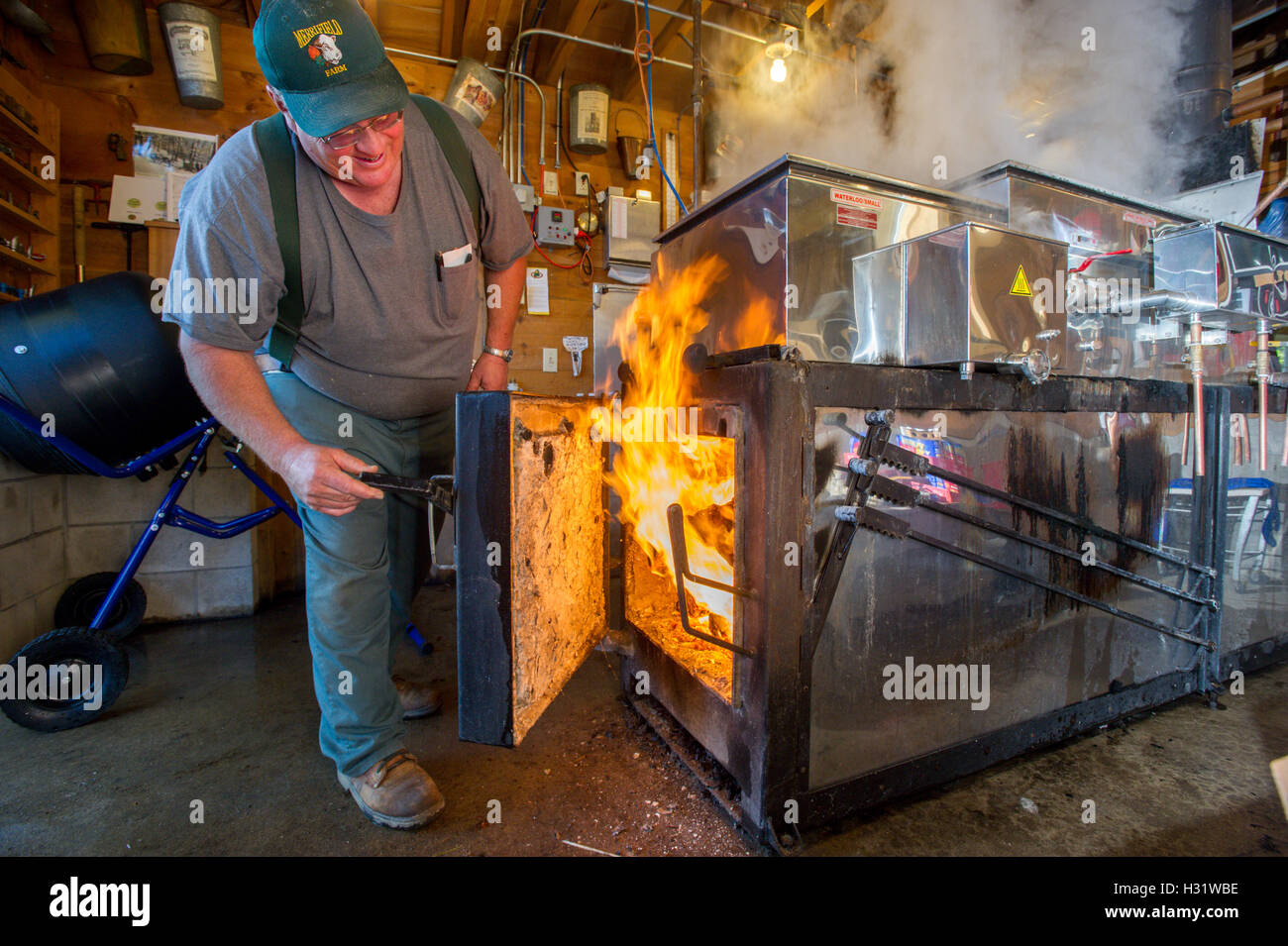 Man checking the fire on an evaporator for maple syrup in Gorham, Maine