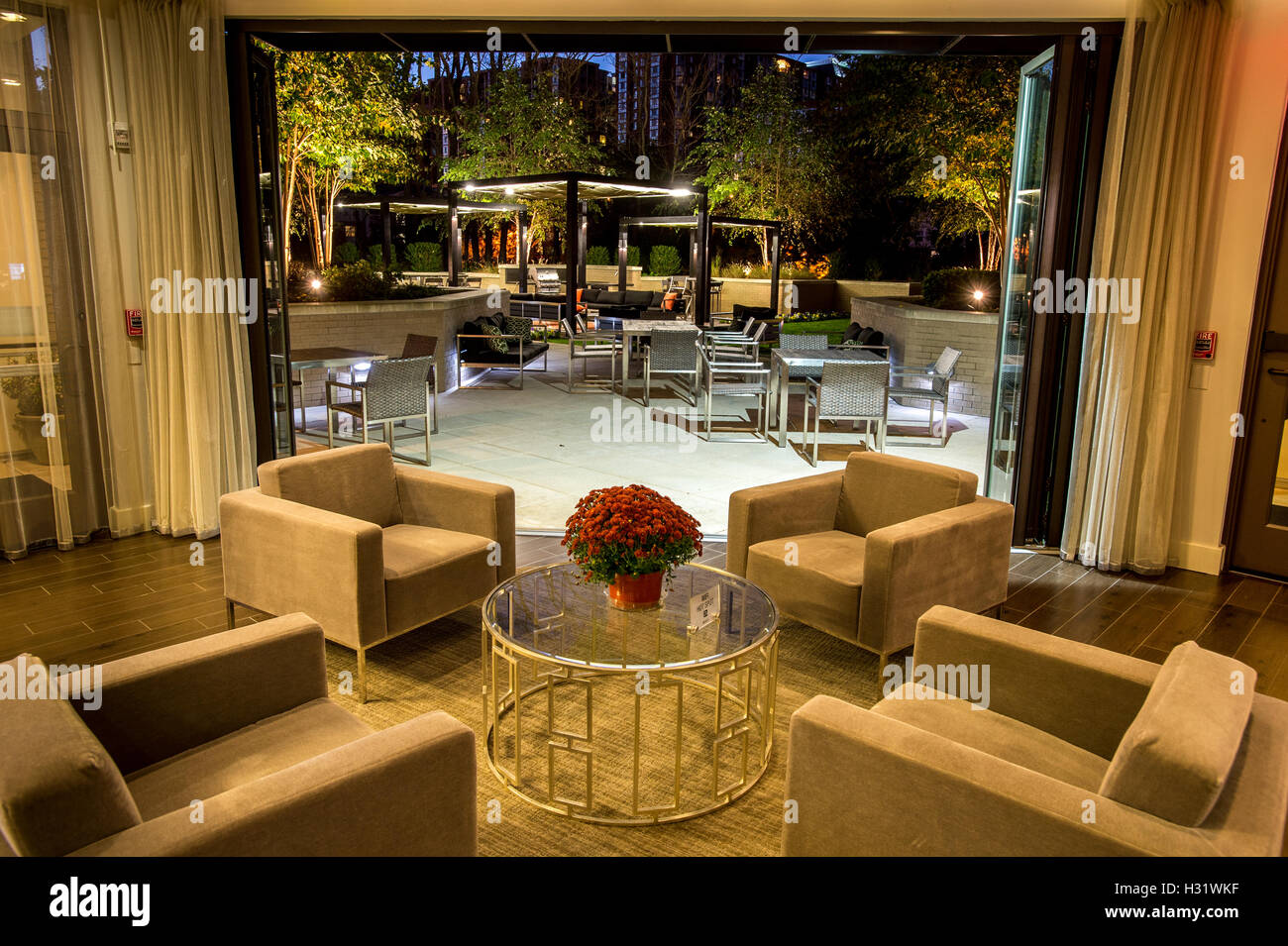 Seating area inside an apartment complex in Arlington, Virginia Stock