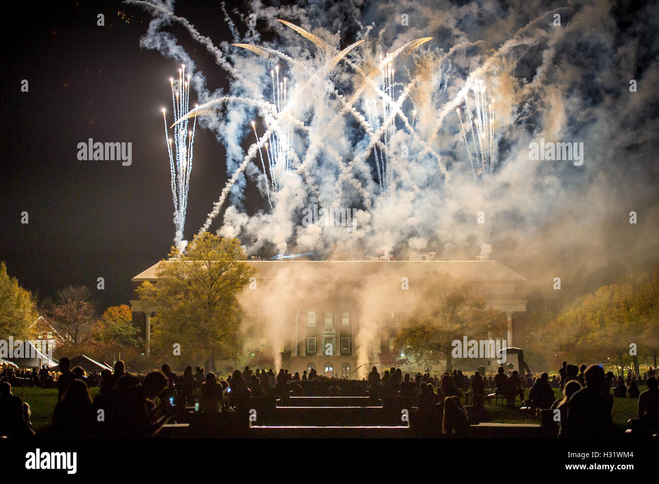 Red fireworks shooting off at University of Maryland in