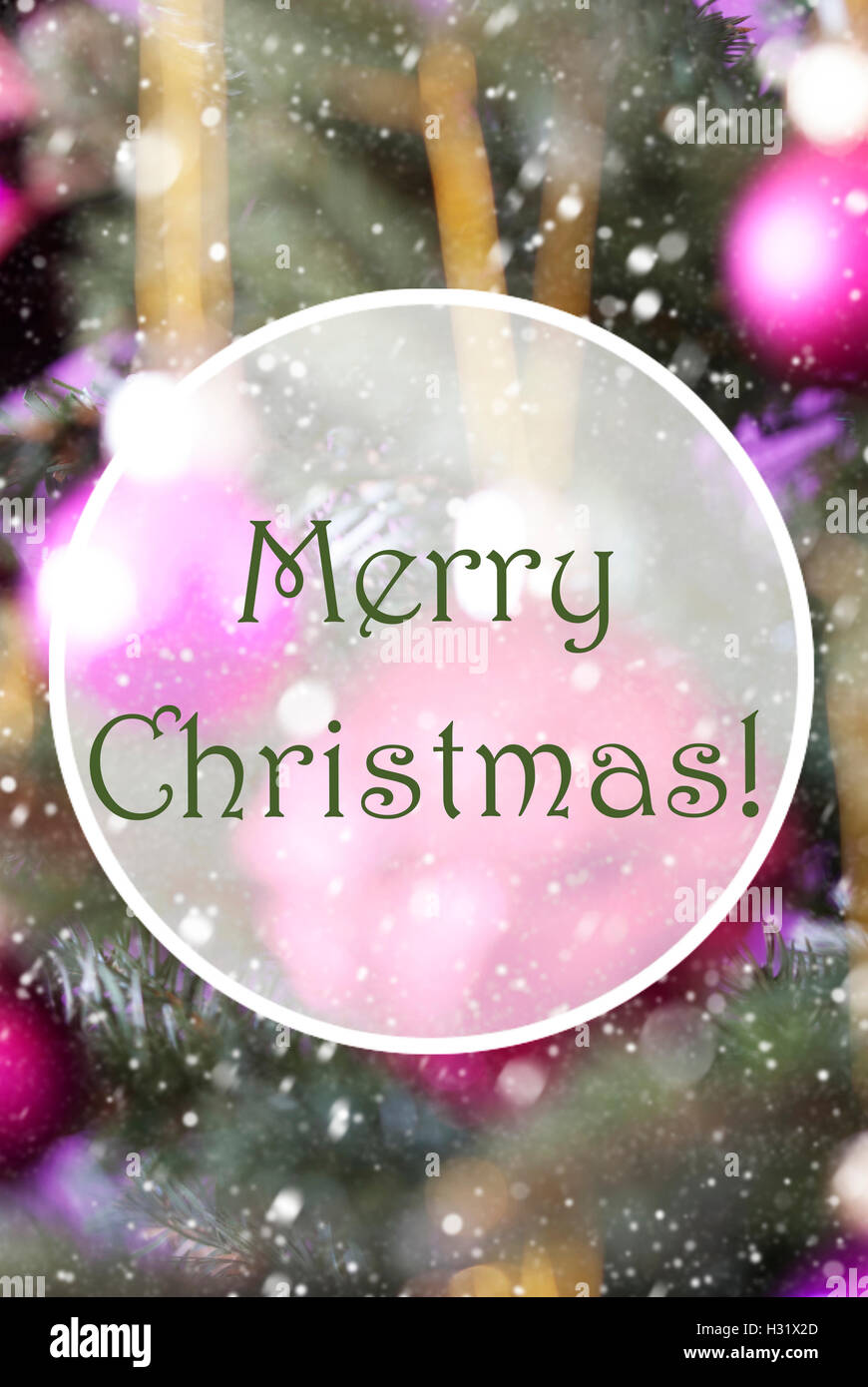 Vertical Rose Quartz Balls, Text Merry Christmas Stock Photo