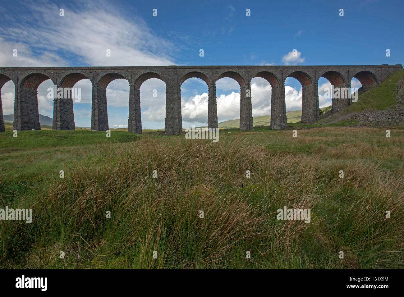 Historic long & high Ripplehead viaduct stretching across Yorkshire moors with grasses in foreground and under blue sky in England Stock Photo