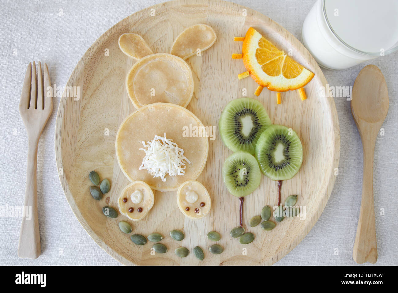 Bunny pancake breakfast, fun food art for kids Stock Photo