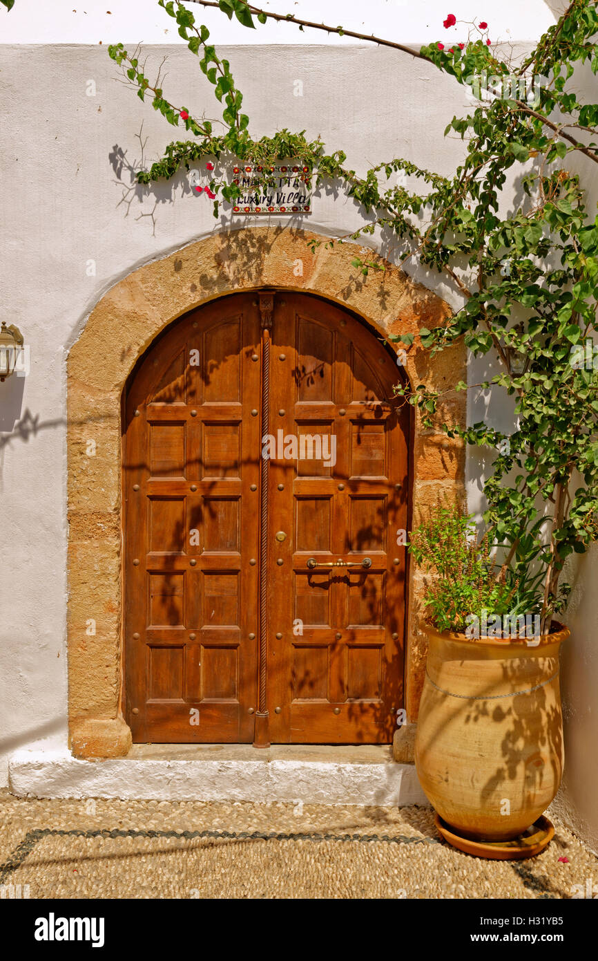 Doorway in the village of Lindos, Island of Rhodes, Dodecanese Islands Group, Greece. Stock Photo