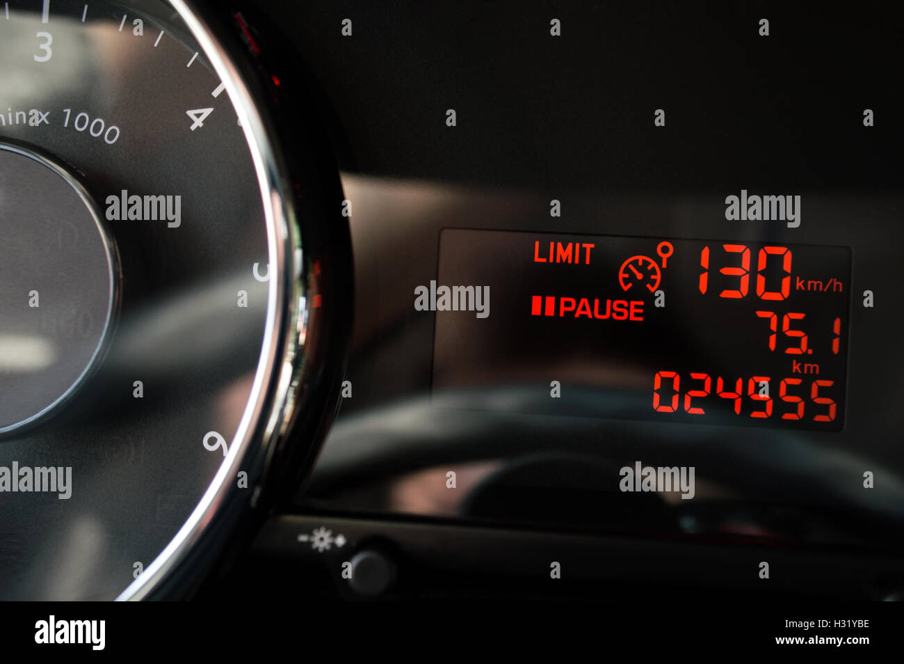 Maximum speed in car was setted up. Stock Photo