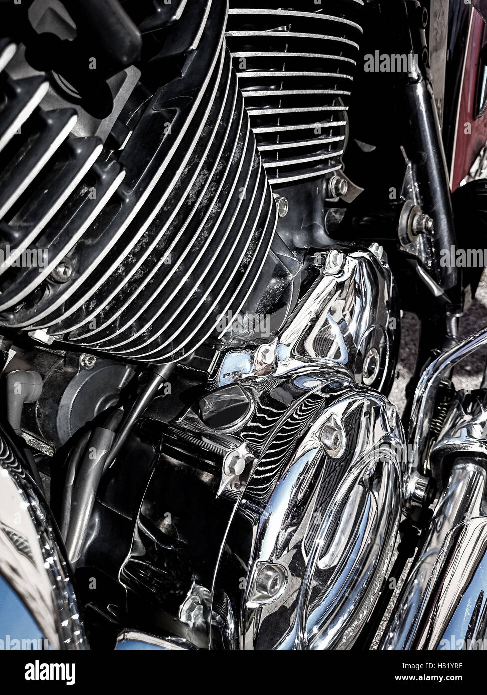 Motorcycle engine close-up as background, top view Stock Photo