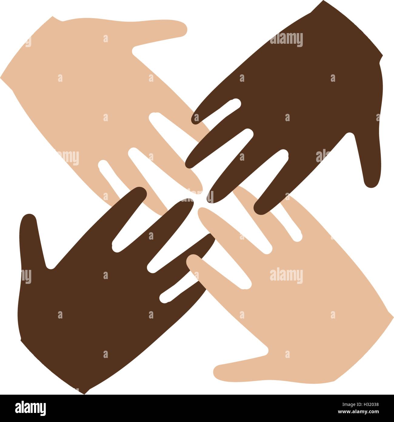 Isolated abstract four brown and white skin human hands together logo. Anti racism logotype. International friendship sign. Equal people symbol. Vector illustration. Stock Vector