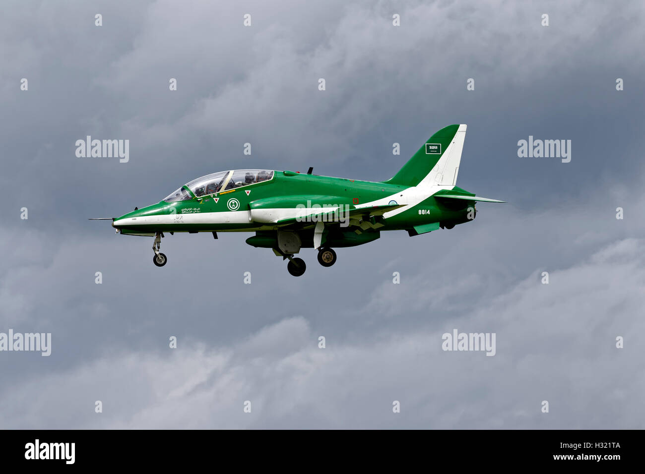 A BAe Systems Hawk Mk65 of the Royal Saudi Air Force National Display Team The Saudi Hawks on finals to land at RNAS Yeovilton. Stock Photo