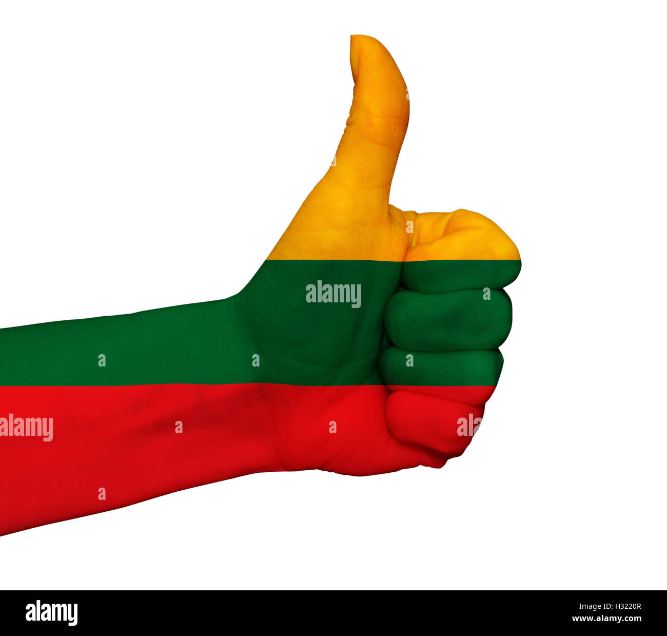 Hand with thumb up painted in colors of Lithuania flag isolated Stock Photo