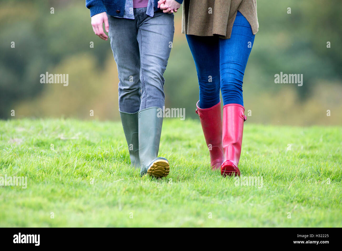 Landscape image of a young couple's legs. They are holding hands and walking through the grass in welly boots. Stock Photo