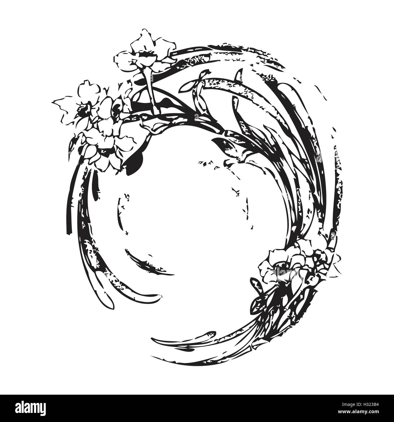 Hand drawing vintage circle wave with flowers isolated pattern floral