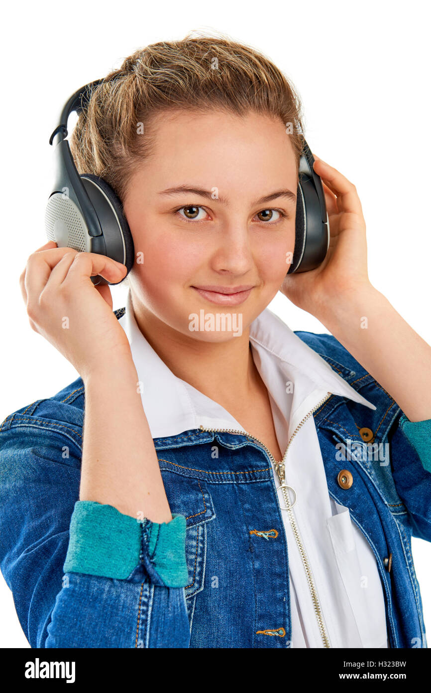 Portrait of beautiful happy girl with headphones on a white background ...