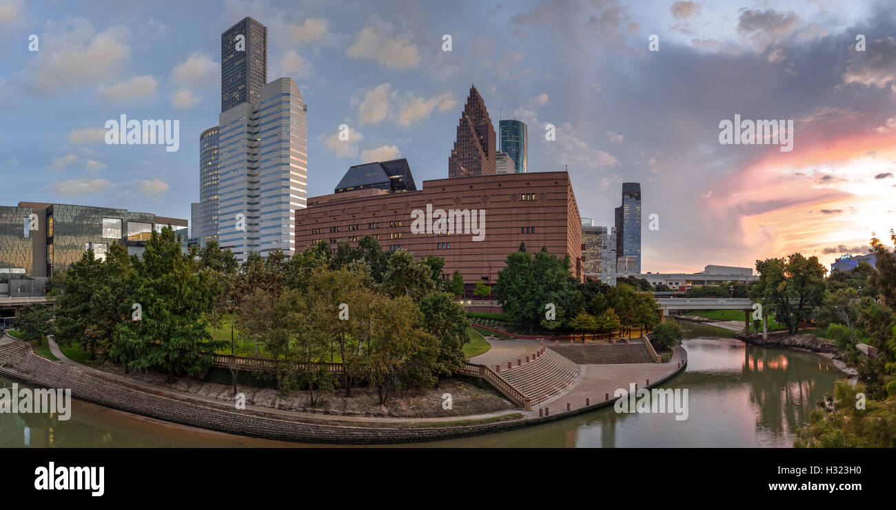 Panorama Of Downtown Houston Skyline Theater District - Houston Texas Stock Photo