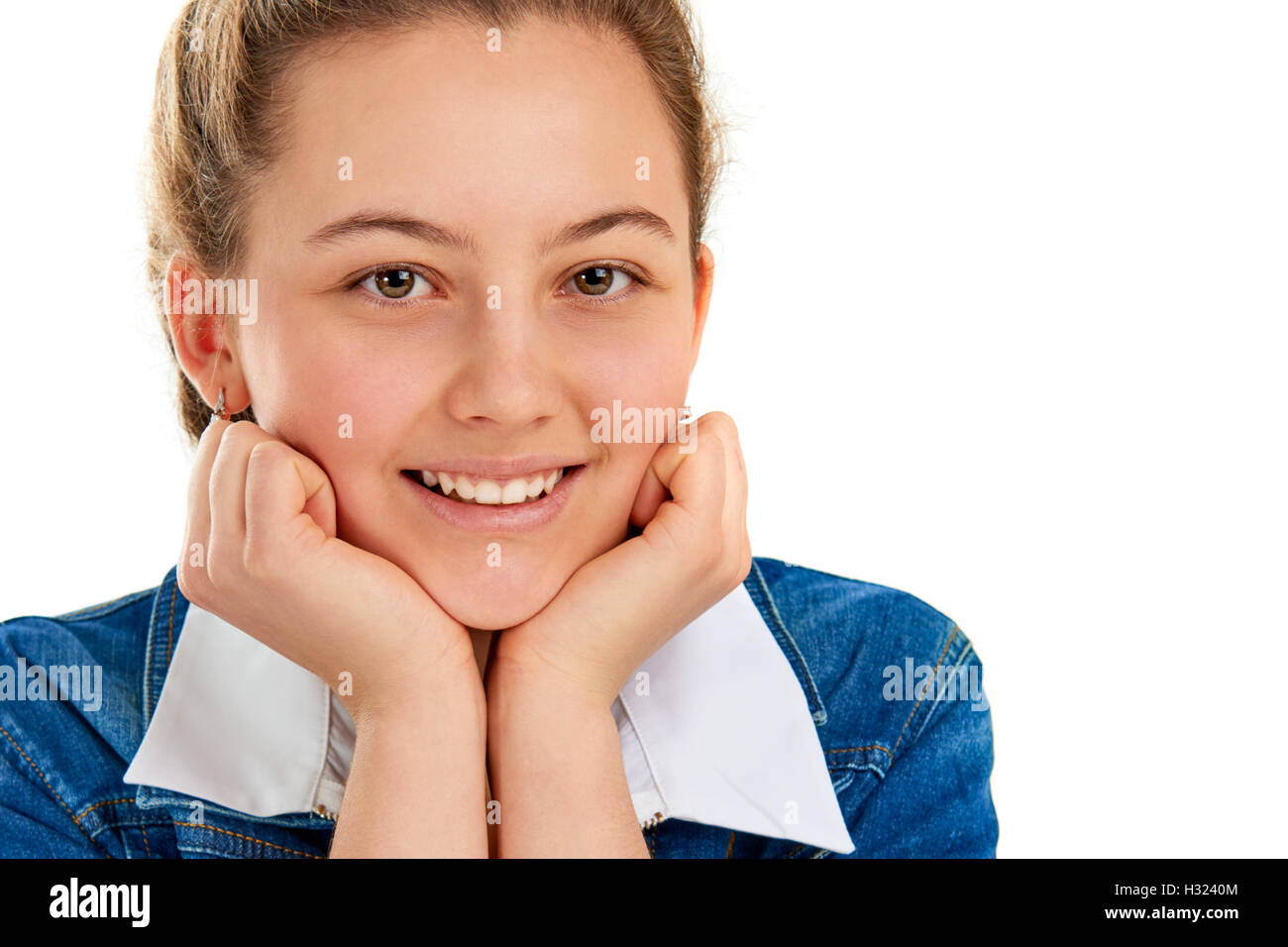 Portrait of a beautiful young woman close up on a white background ...