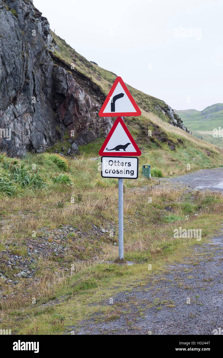 Road sign Otters Crossing at Mavis Grind Northmavine in Shetland Stock Photo