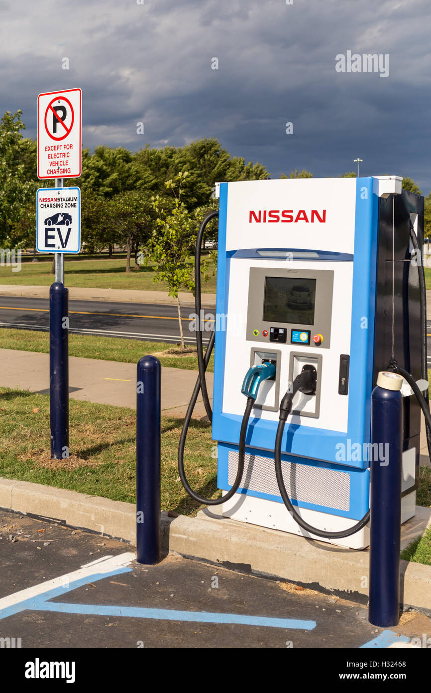 An nrg EVgo electric vehicle charging station in the Nissan Stadium Charging Zone, at Nissan Stadium in Nashville, Tennessee. Stock Photo