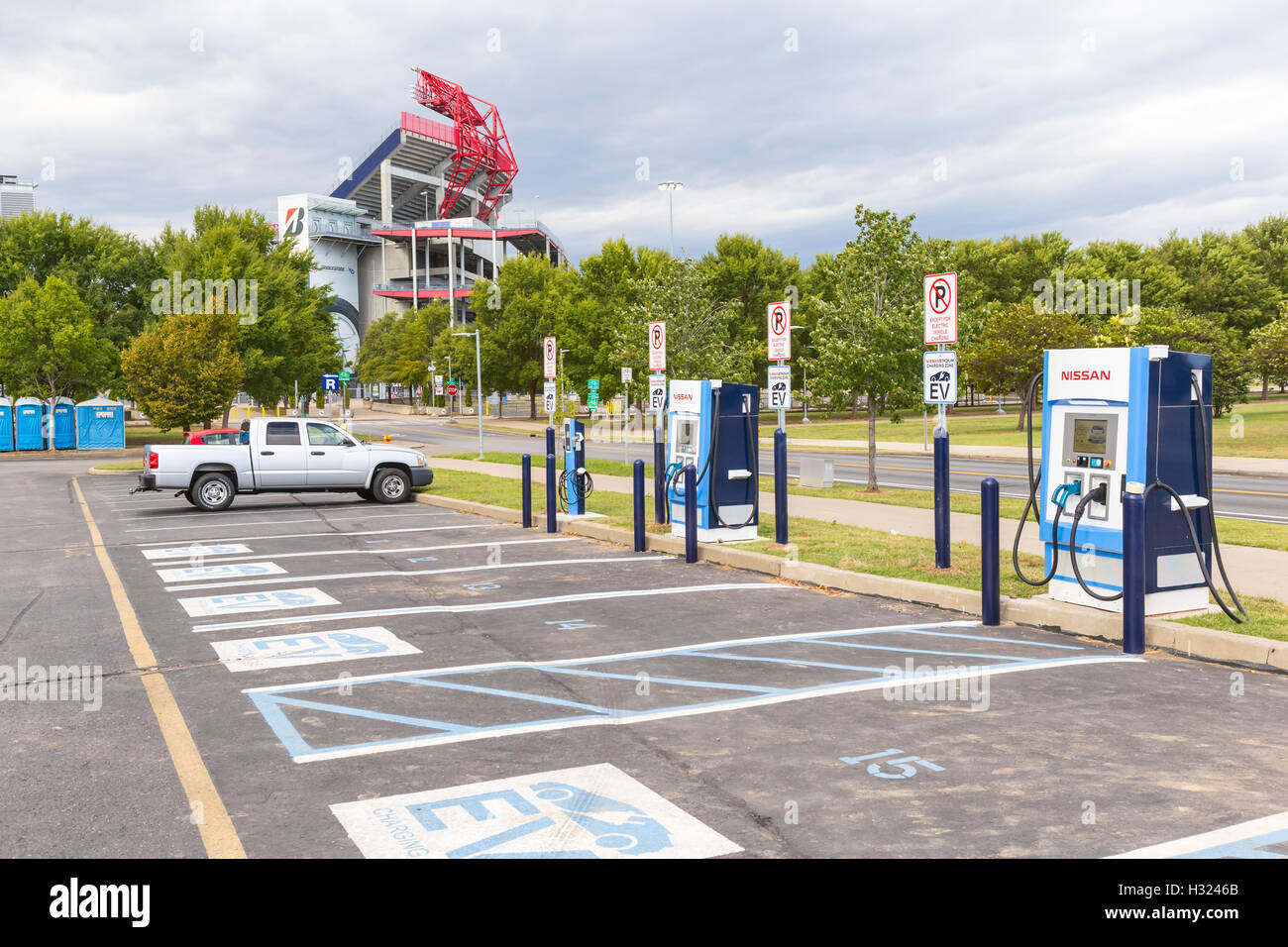 The Nissan Stadium Charging Zone, for electric vehicle charging, in a parking lot for Nissan Stadium in Nashville, Tennessee. Stock Photo