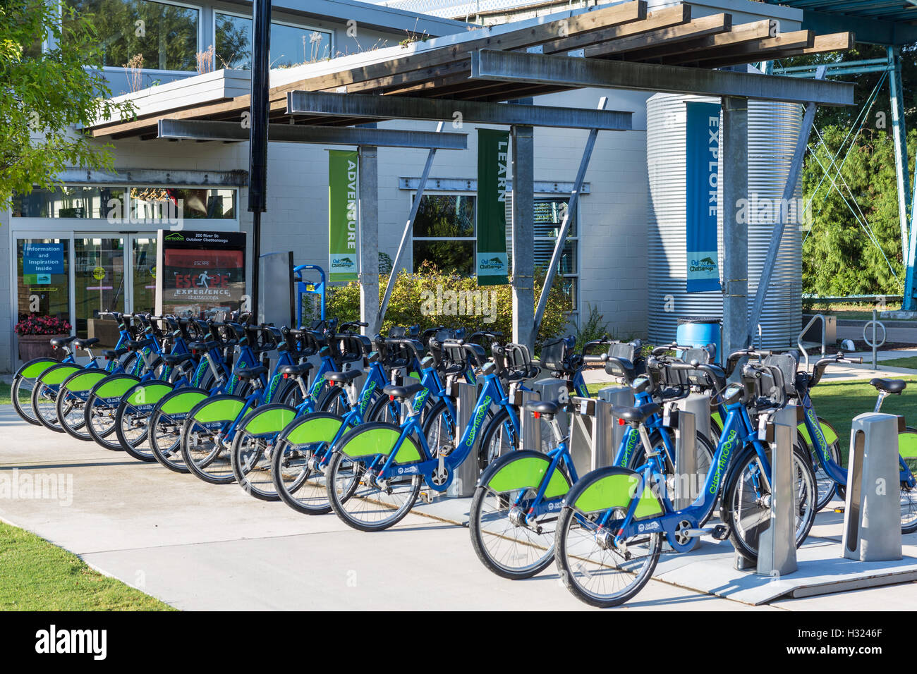 A Bike Chattanooga Bicycle Transit System docking station at Outdoor Chattanooga in Coolidge Park in Chattanooga, Tennessee. Stock Photo
