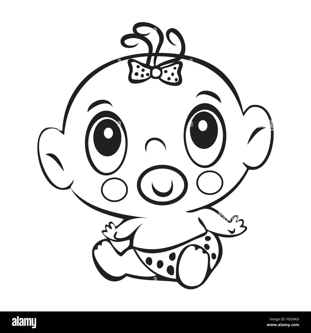 Funny baby girl. Cute baby girl sitting in a diaper isolated for coloring book. Design for children's books. T-shirt Graphics. G Stock Vector