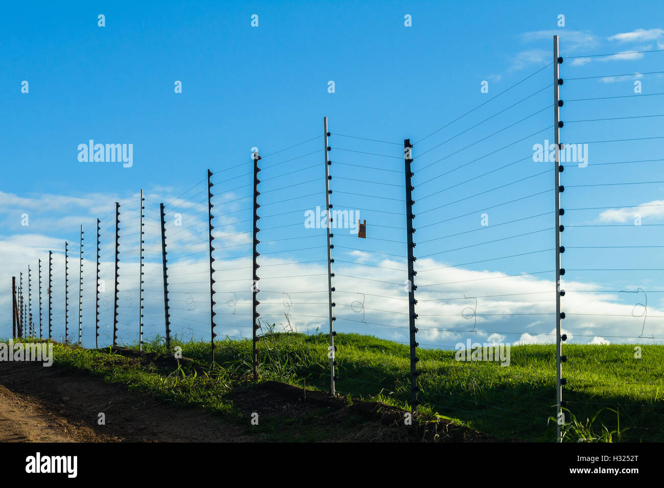 Electrified fence boundary security countryside. Stock Photo