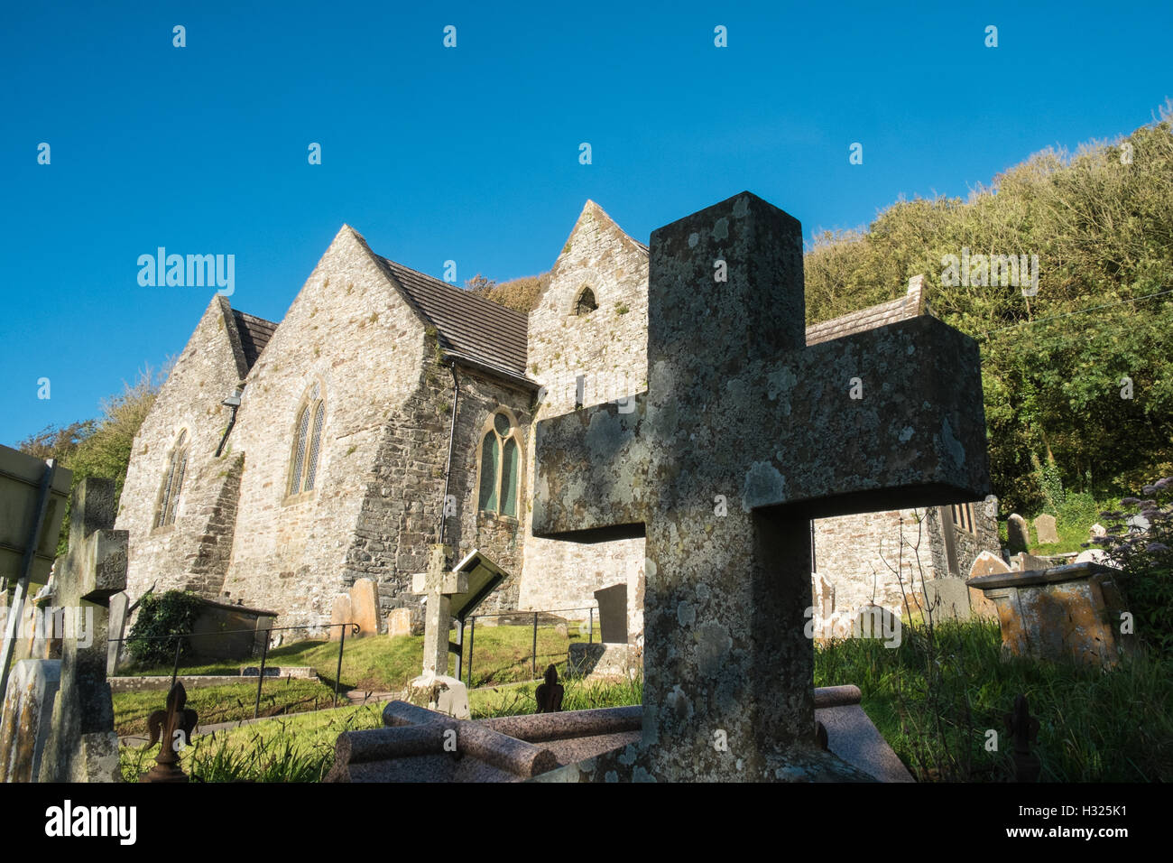 Parish church of Saint,St Ishmael,above River Towy,Tywi, estuary near Ferryside,Carmarthenshire,Wales,U.K. Stock Photo