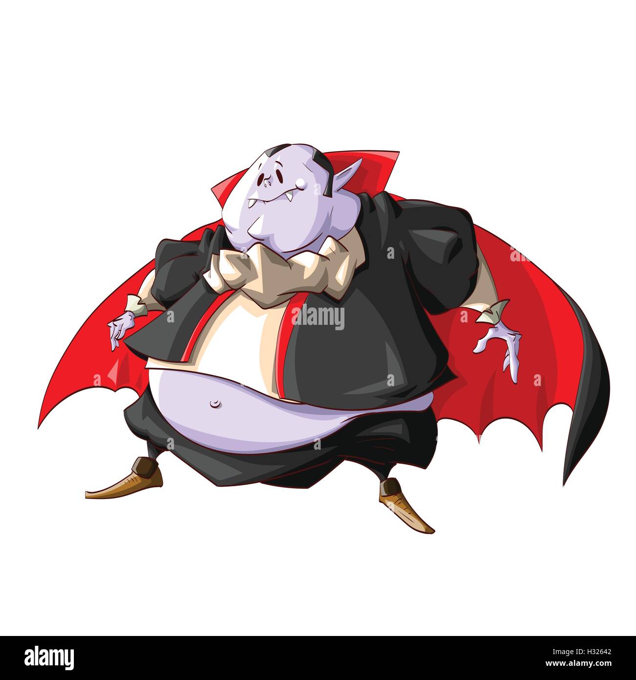 Colorful vector illustration of a fat vampire with purple skin, black clothes and big belly. Stock Vector