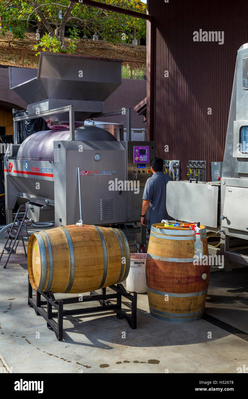 Worker operating wine press on crush pad at B Cellars Vineyards and