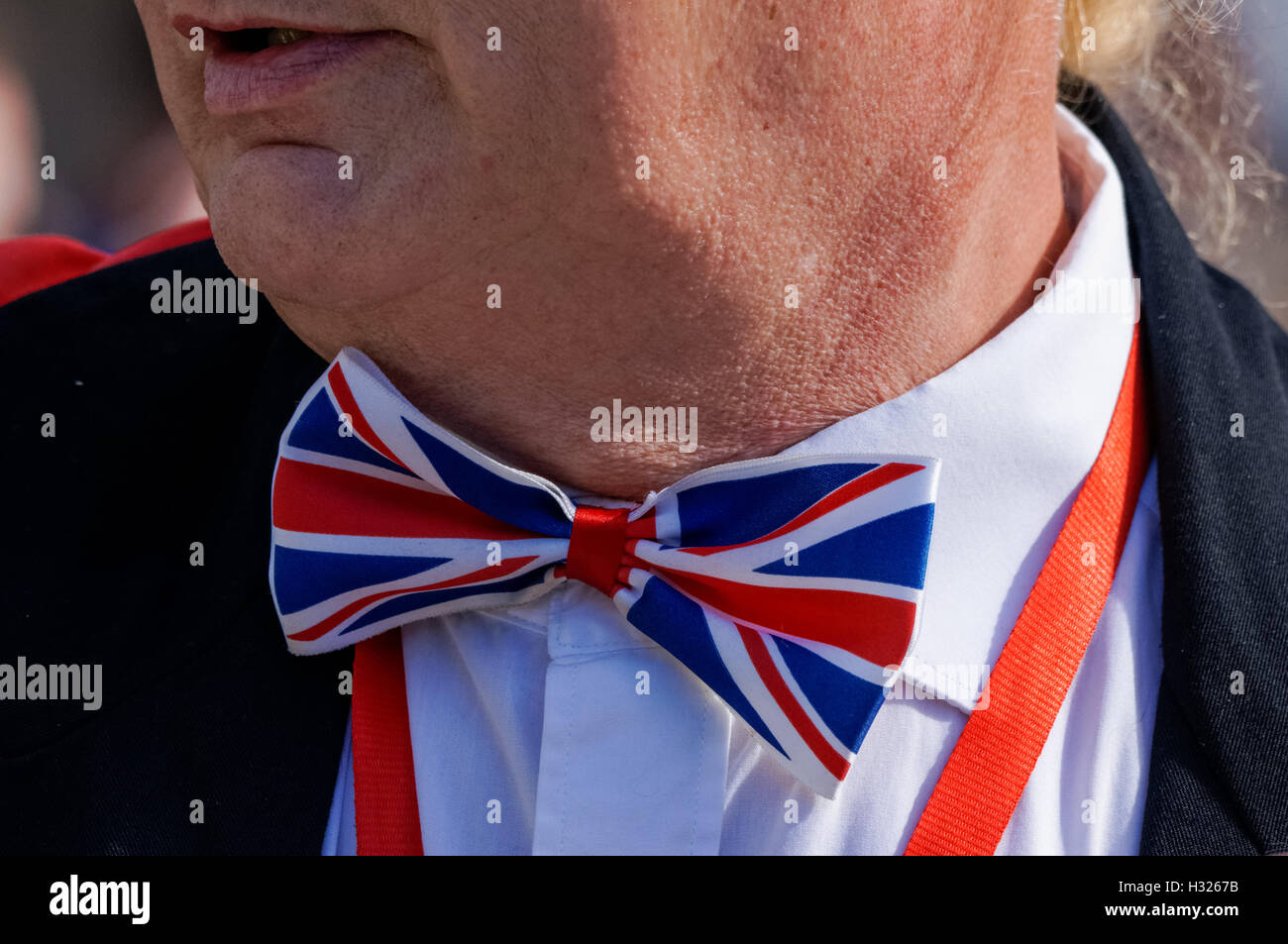 Middle aged man wearing a Union Jack bow tie Stock Photo