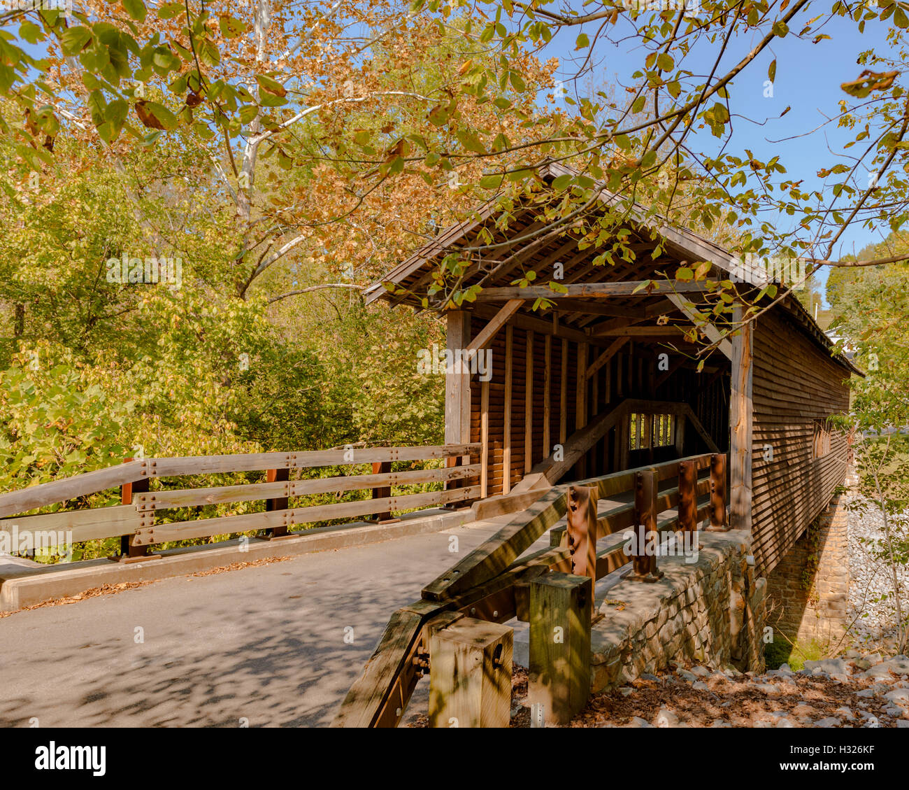 Harrisburg covered bridge in rural Sevier County, Tennessee, USA during the fall or autumn months. Stock Photo