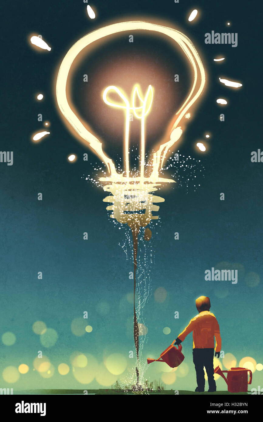 kid watering a big light bulb on dark background ,concept for creative,illustration painting Stock Photo