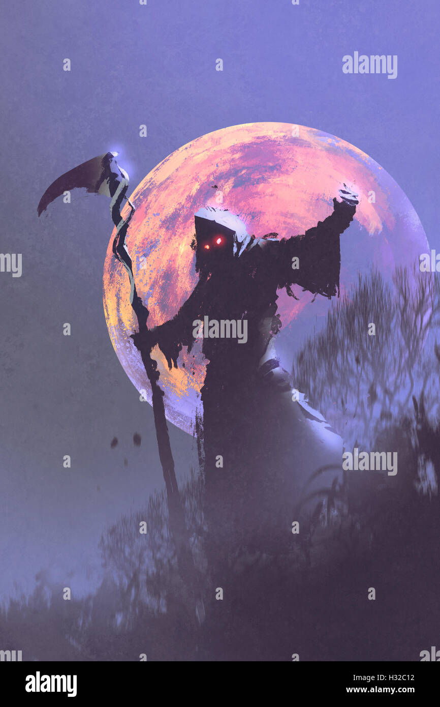 the death with scythe standing against night sky with full moon,halloween concept,illustration painting Stock Photo