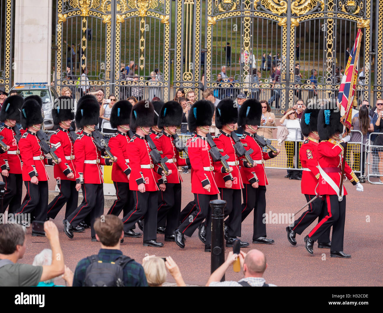 Changing Guard at Buckingham Palace. Members of the 1st Battalion of Irish Guards march past at the daily ceremony in London. Stock Photo
