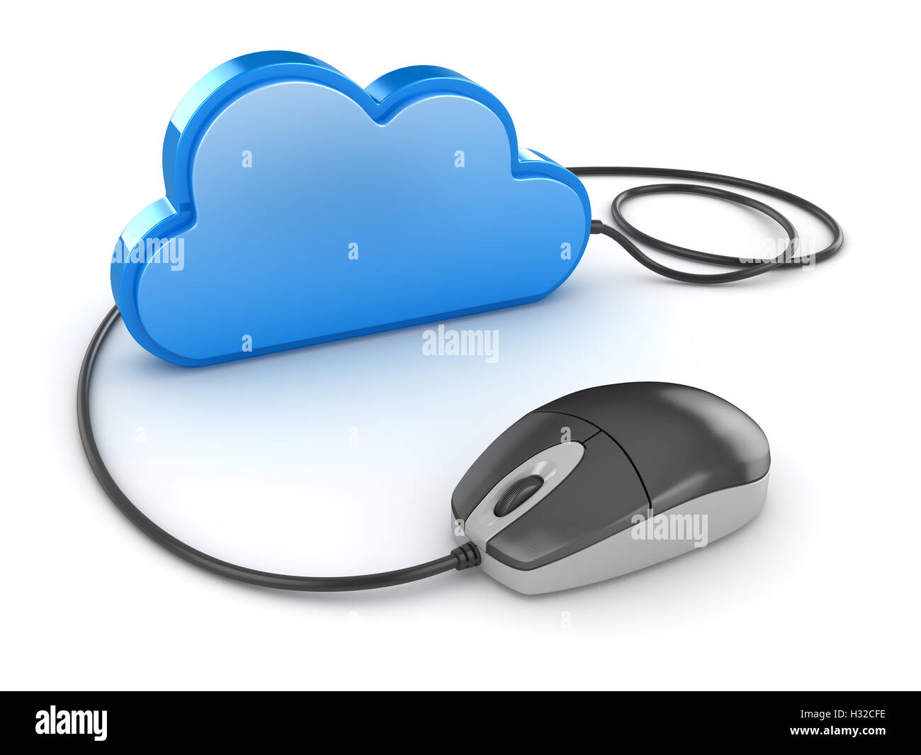 Blue cloud and computer mouse , This is a 3d rendered computer generated image. Isolated on white. Stock Photo