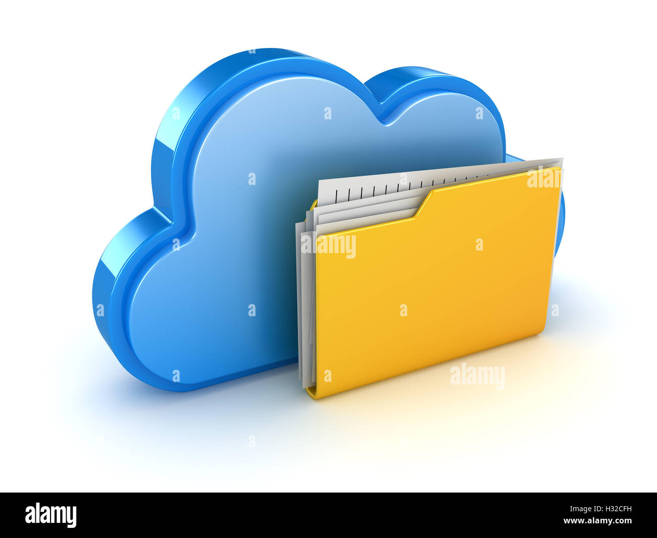 Blue cloud and yellow folder , This is a 3d rendered computer generated image. Isolated on white. Stock Photo