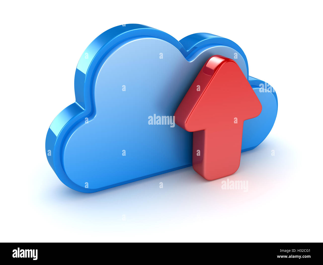 Upload concept with cloud , This is a 3d rendered computer generated image. Isolated on white. Stock Photo