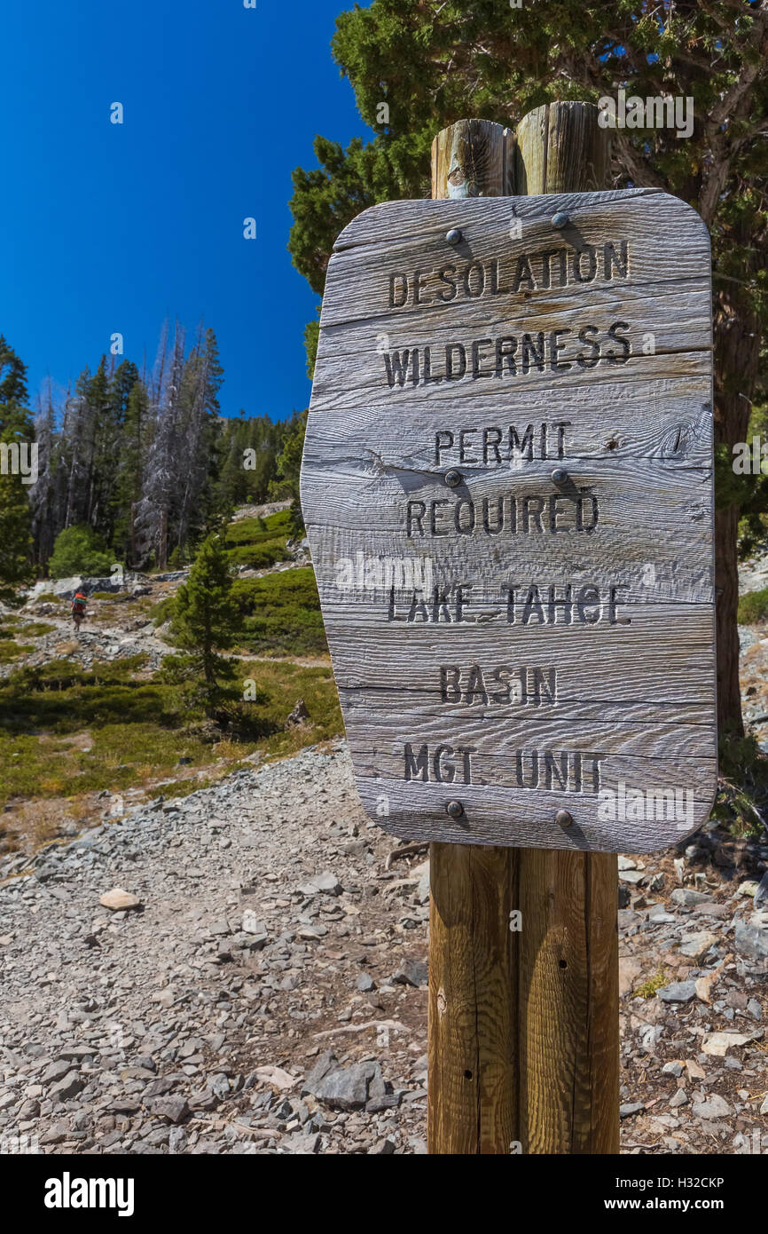 Boundary sign for the Desolation Wilderness, Eldorado National Forest, Sierra Nevada, California, USA Stock Photo