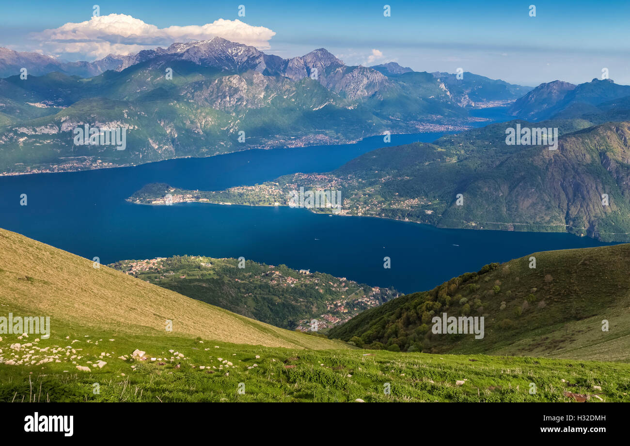 View towards Bellagio and Lecco from mount Tremezzo, Como Lake, Lombardy, Italy. Stock Photo
