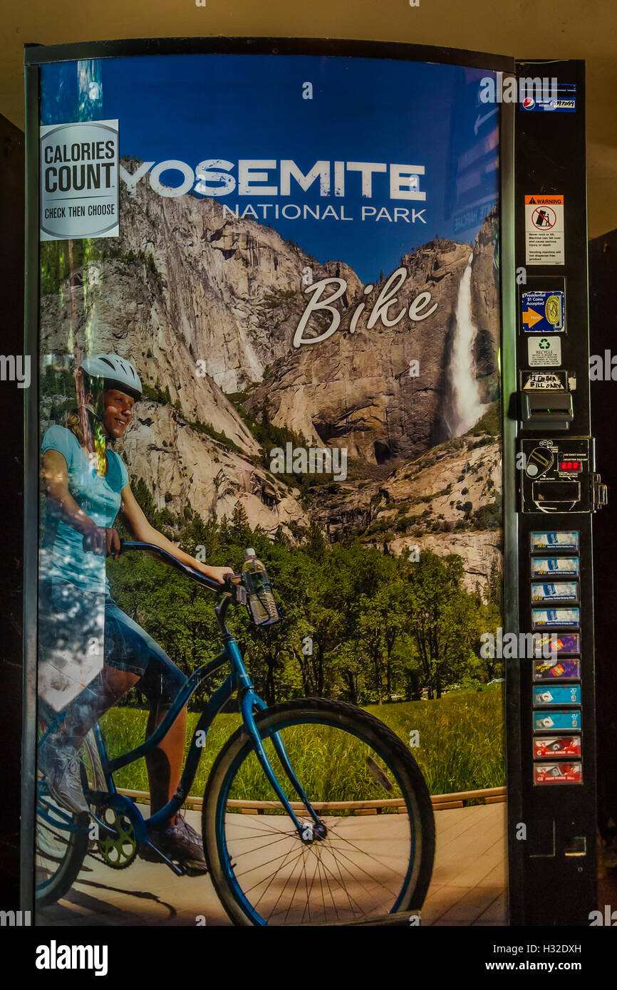Pepsi vending machine showing Yosemite Valley in Yosemite Village, Yosemite National Park, California, USA Stock Photo