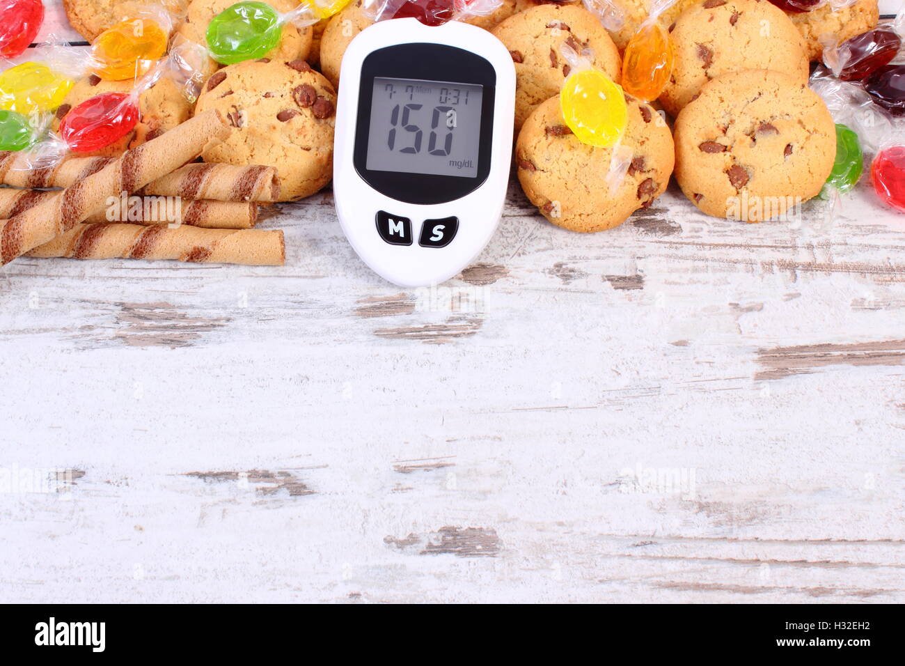 Glucose meter with bad result of measurement sugar level and colorful